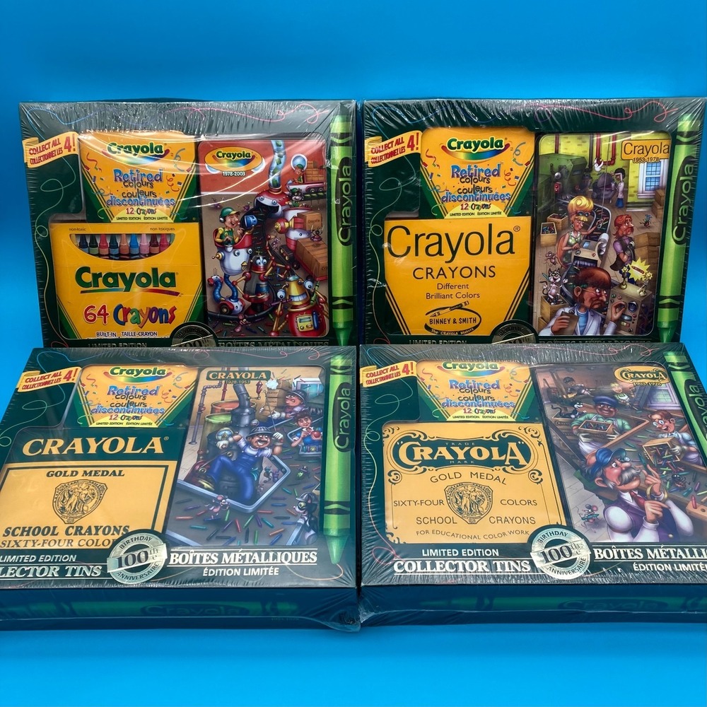 2003 Crayola 100th Anniversary Collector Tins Complete Set 4 Sealed Bilingual